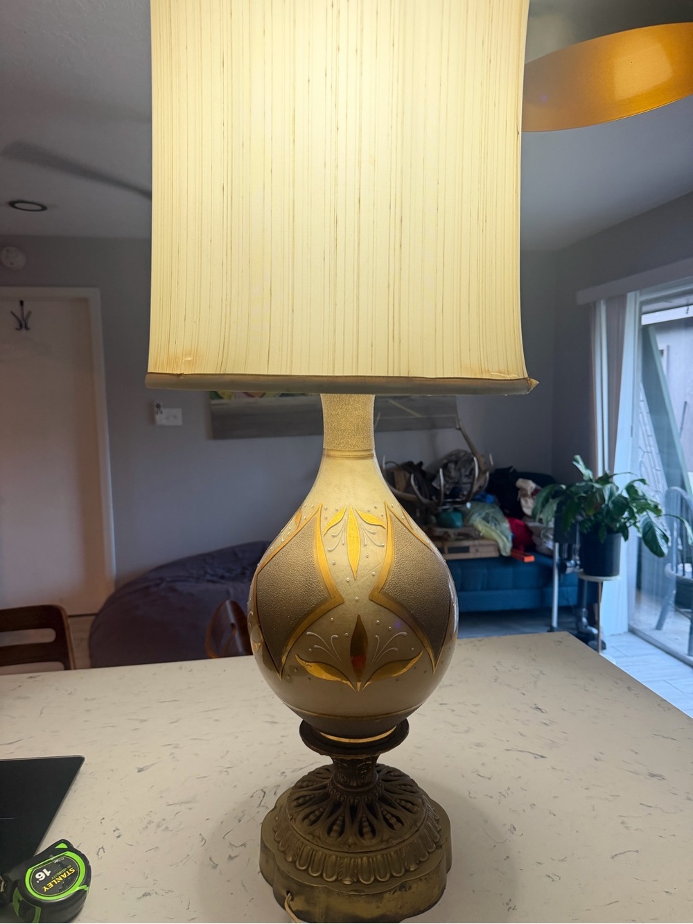 Vintage Hollywood Regency hand painted Gold 1940-1950’s Table Lamp - Shade 36in